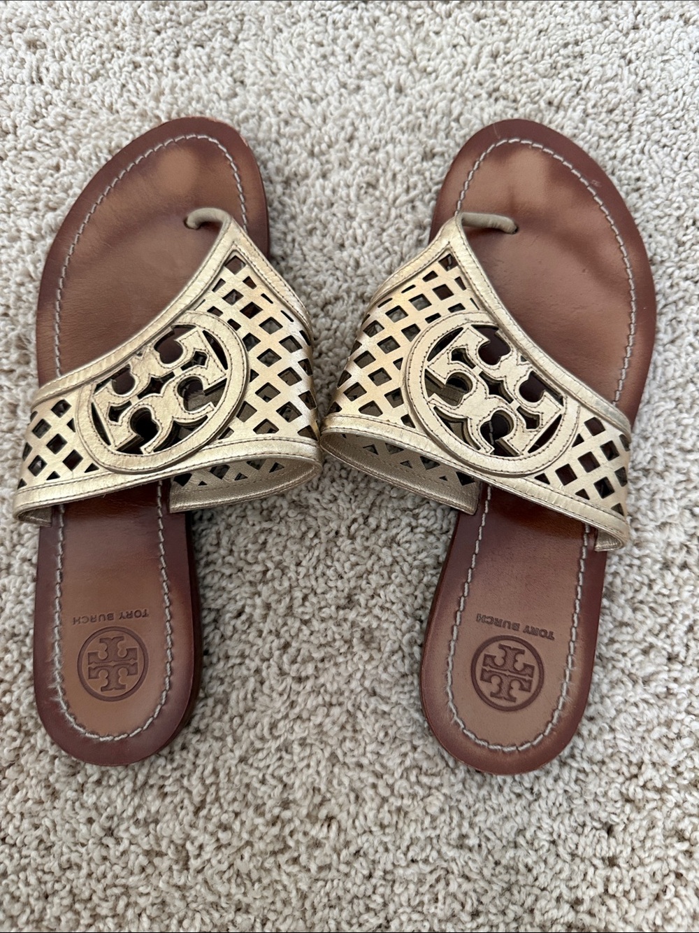 Tory Burch Metallic Gold Cutout Leather Slide Sandals